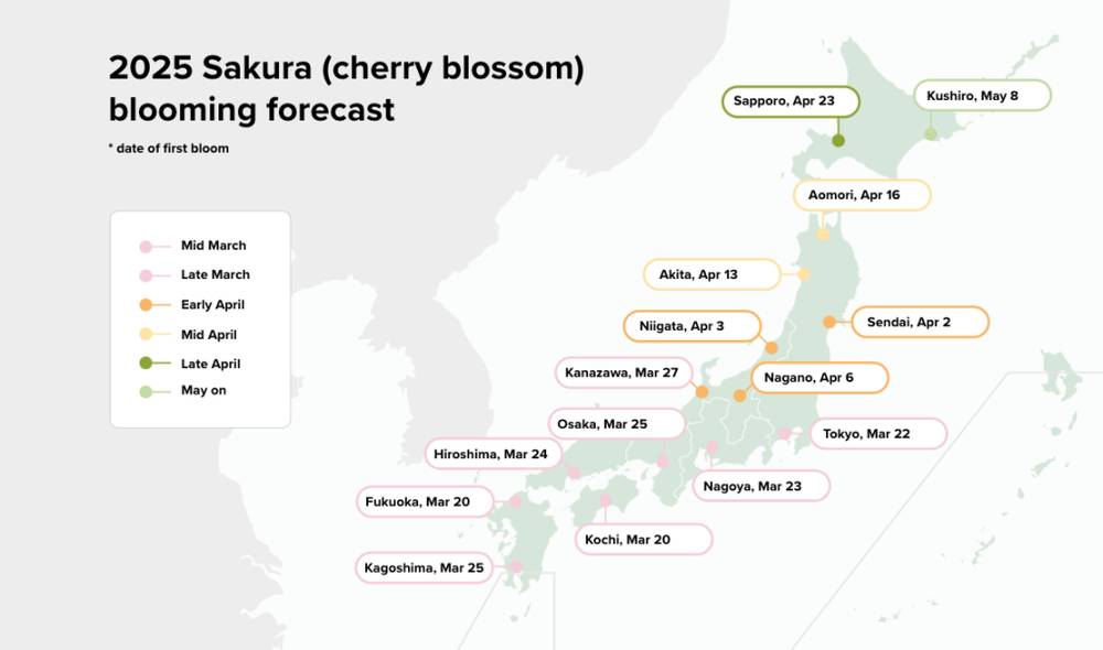 A map of Japan labelled with estimated bloom dates for cherry blossoms in 2025